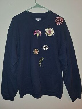 Jerzees Navy Crewneck Sweatshirt with Floral Embroidery
